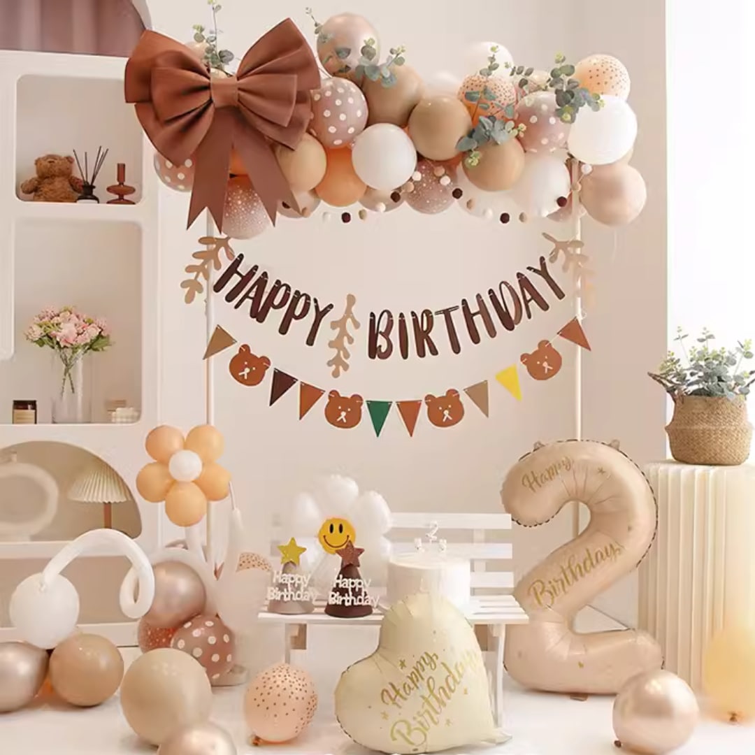 バースデーバルーン　これだけで完璧　ミルクティーカラーセット　ナンバーバルーン　アルミバルーン　誕生日　お祝い　フォト　写真館　撮影　スタジオ　小物　背景　ブース　男の子　女の子　児童館　学校