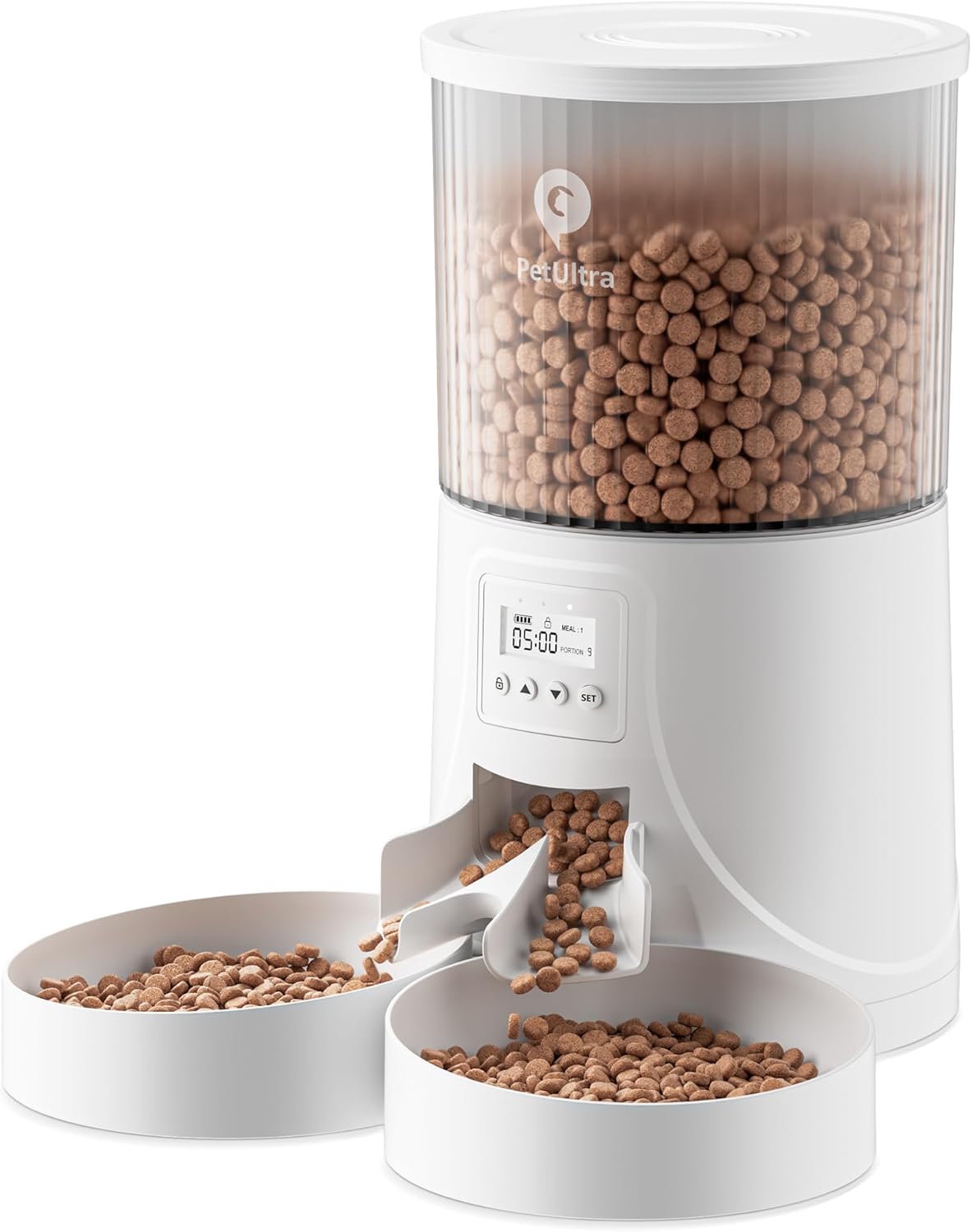 PetUltra 自動給餌器 猫用 タイマー式 二皿 4L容量 2WAY給電 定時定量 盗食防止 半透明タンク お手入れ簡単 PSE認証アダプター