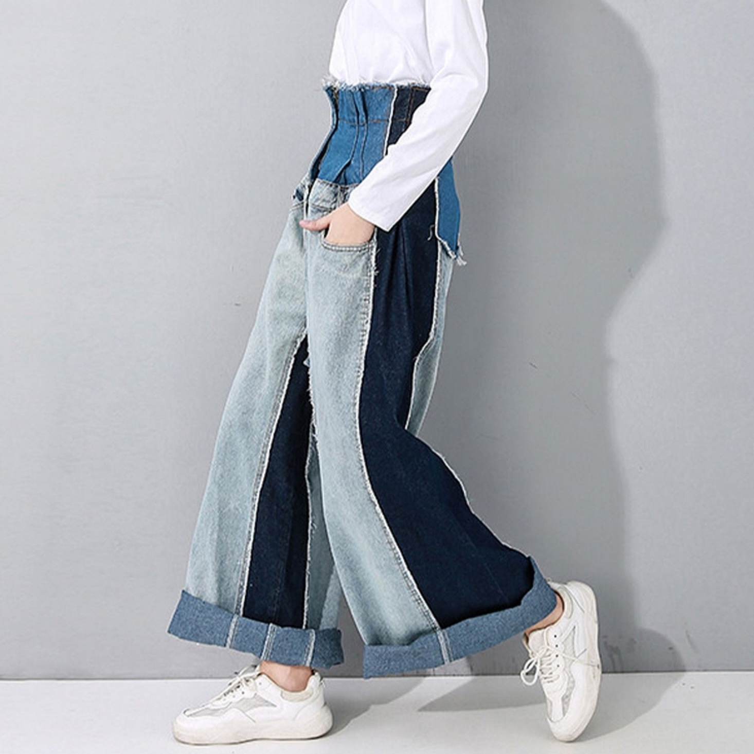 スーパーハイウエスト 異素材ミックス デニム レディース ボトムス Gパン 丈長 フルレングス ワイド フレア ウエストマーク ハイウエスト 切り替えデザイン 大人可愛い こなれ感 ラフ クール