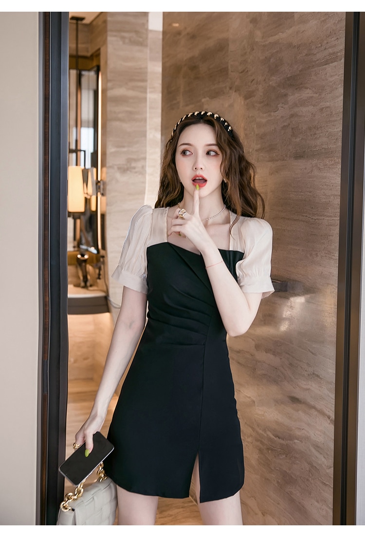 ワンピース ワンピドレス ミニ ミニ丈 膝丈 ひざ丈 半袖 パフスリーブ スクエアネック ひらひら ヒラヒラ シフォン スリット サイドスリット 切り替えデザイン ドッキング 透け感 シースルー