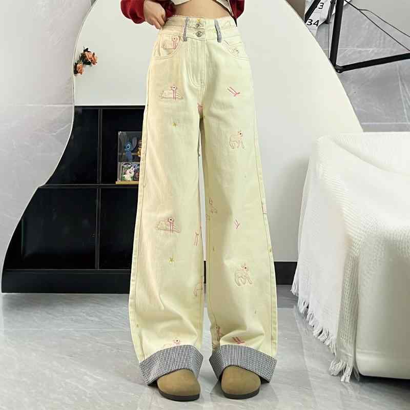 デニム パンツ ボトムス レディース 刺繍 ストレート ジーンズ 春秋 ハイウエスト スリムフィット カジュアル ワイドパンツ ベージュ