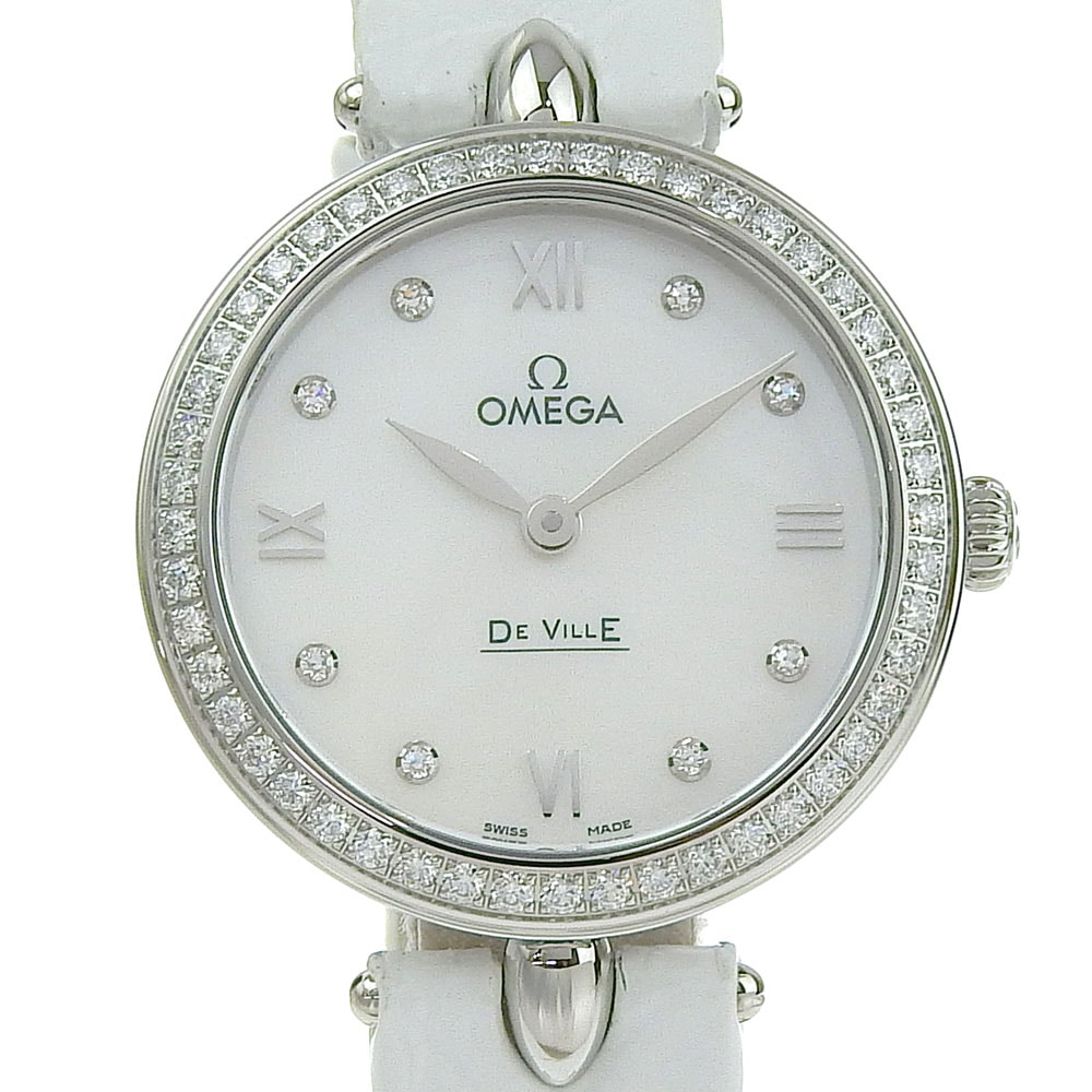 デヴィル プレステージ デュードロップ 8Pダイヤ 424.18.27.60.55.001 腕時計 ステンレススチール 型押しレザー クオーツ アナログ表示 レディース ホワイトシェル文字盤 中古