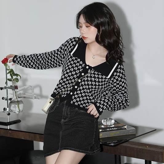 襟付き ニット カーディガン トップス ショート ショート丈 袖あり 長袖 萌袖 Vネック リブ 前開き リブニット 編み込み かわいい 大人可愛い きれいめ カジュアル 大人 上品 おしゃれ 大人女