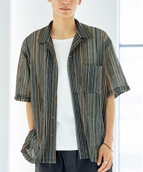 カジュアルシャツ オーバーサイズシアーストライプ5分袖シャツ