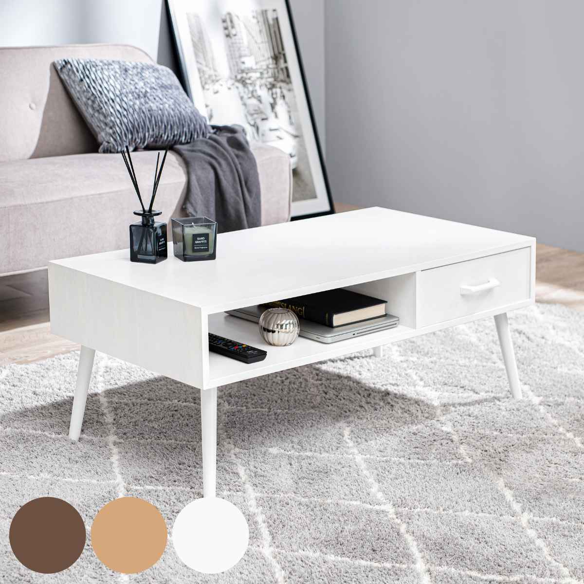 センターテーブル 幅100cm 引き出し ラック 木製 テーブル ローテーブル リビングテーブル 長方形 収納 棚付き おしゃれ 北欧風 モダン 木目調 ブラウン ナチュラル ホワイト 白