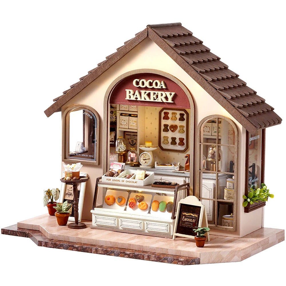 ドールハウス ミニチュア 手作りキット セット1/24 スケール 英語説明書 ココアベーカリー パン屋 お店 テディベア レトロ ショップLEDライト+アクリルケース+オルゴール（カノン） 5,579円