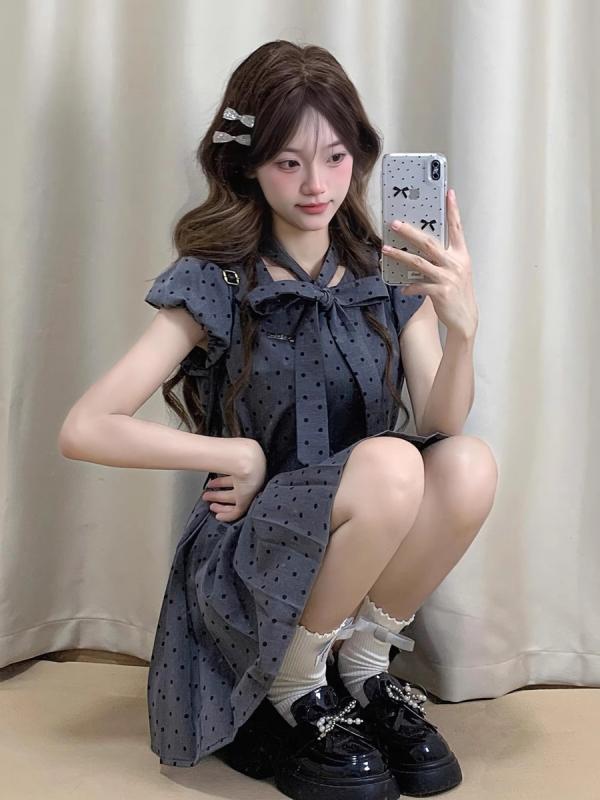 【今週だけお得】ワンピース レディース グレー 波点柄 キャップスリーブ 夏用 ペティート 爽やか かわいい ミニ丈 カジュアル 軽量 コットン混 フレンチスタイル 膝上丈