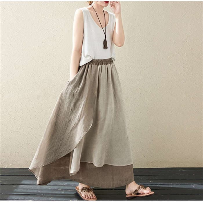スカート レディース ロングスカート フレアスカート 綿麻風 フレア アシンメトリースカート 変形 スカート ボトムス マキシスカート マキシ スカート 体型カバー ふんわりプレゼント ウエストゴム