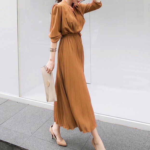 4color レディース ワンピース シャツワンピース プリーツワンピース ミモレ丈 バンドカラー