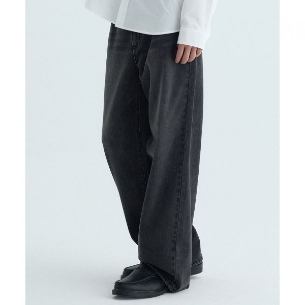 ルーズストレートフィット サマーデニムパンツ-ウォッシュドブラック