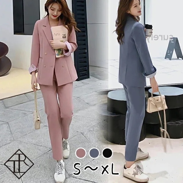 セットアップ レディース セットアップ ニット秋冬 パンツ ドレス スーツ セット ワイドパンツ 大きいサイズ 痩せて見える スレンダー 他と被らない 金Wボタン 折返し袖 テーラード襟ジャケ