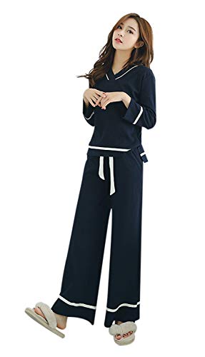 [ディープアイズ] レディース パジャマ ルームウェア 綿100％ Vネック 長袖 上下セット 部屋着 春 秋 冬 (Mサイズ, ネイビー) 5,169円