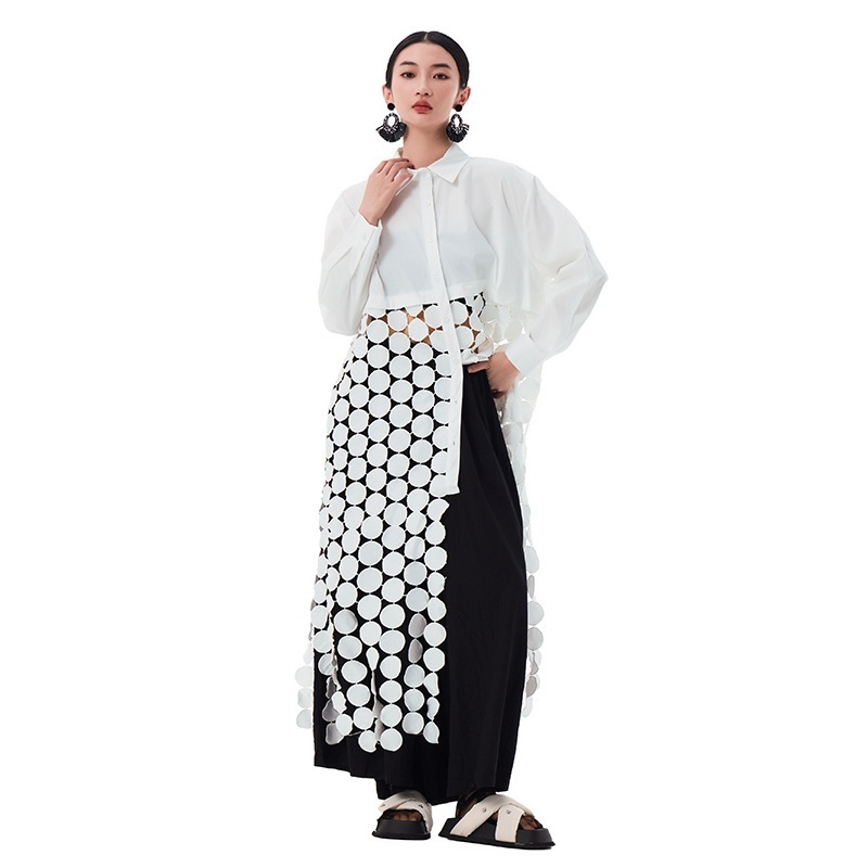 【J.Fashion】 ロングシャツ シャツワンピース フリンジ飾り ドッキング おしゃれ レディース チュニック 関連商品購入可能 メガ割