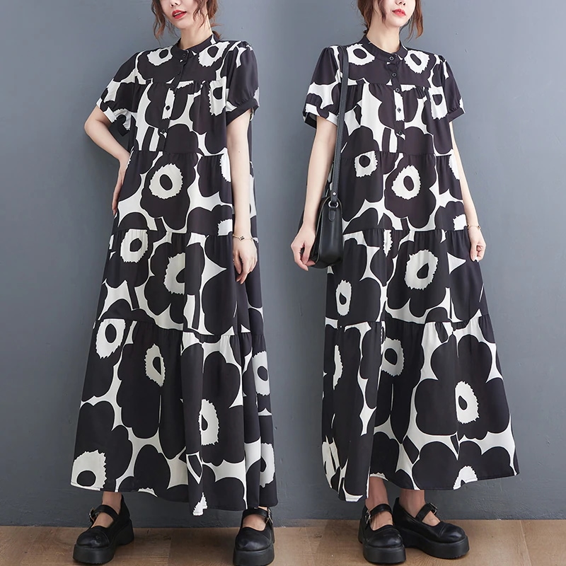 韓版夏の新型半袖大きいサイズ プリント痩せロングワンピース 5,796円