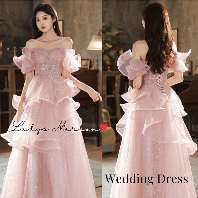 2点購入で200円割引夏の新着商品 ウェディングドレス カラードレス 演奏会 ピンクドレス 前撮りドレス 花嫁 二次会 お色直しドレス フォトウェディング プリンセスドレス オフショルドレス かわいい