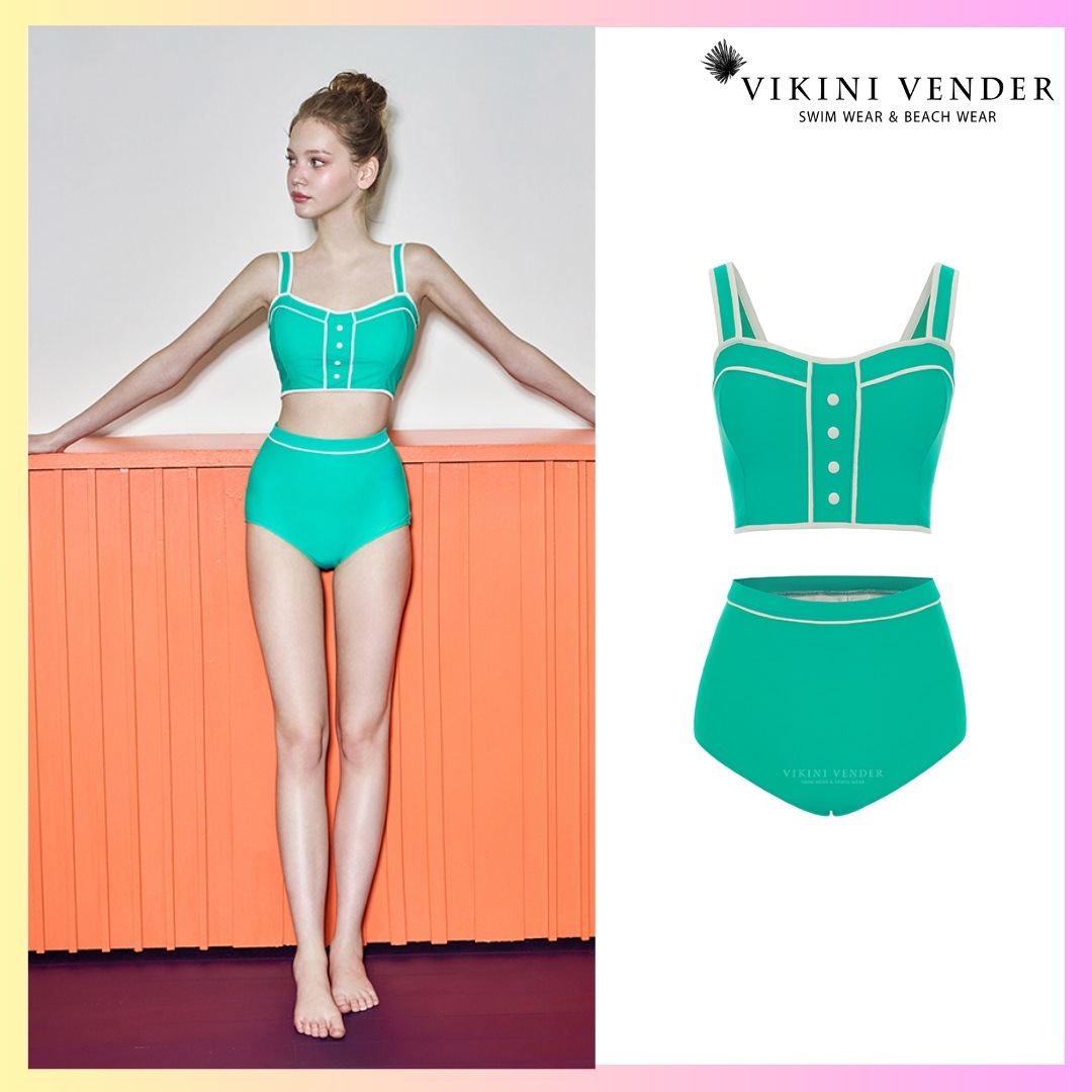 Le Mans Button Bustier High-Waisted Bikini - Green + FREE OMAKE ハイウエストビキニ ビキニ ハイウエスト セパレート水着