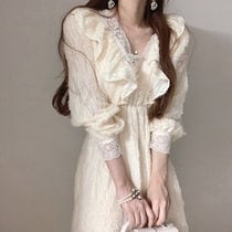 2色 レトロ風 ワンピース 長袖 春 きれいめ かわいい aライン ロング丈 Vネック 深 Vネック 襟付き レース フリル ハイウエスト ブラック アプリコット S M L XL 大人可愛い 大人