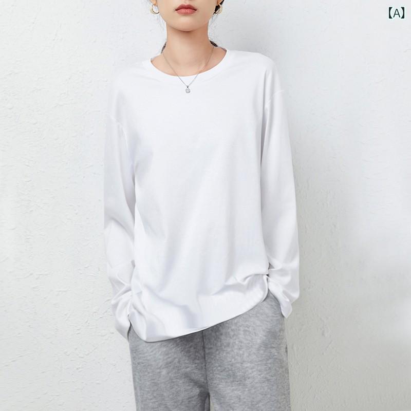 レディース トップス シンプル おしゃれ 丈 ホワイト ラウンドネック Tシャツ 綿 大きめサイズ レイヤード 長袖 ボトム 秋冬服