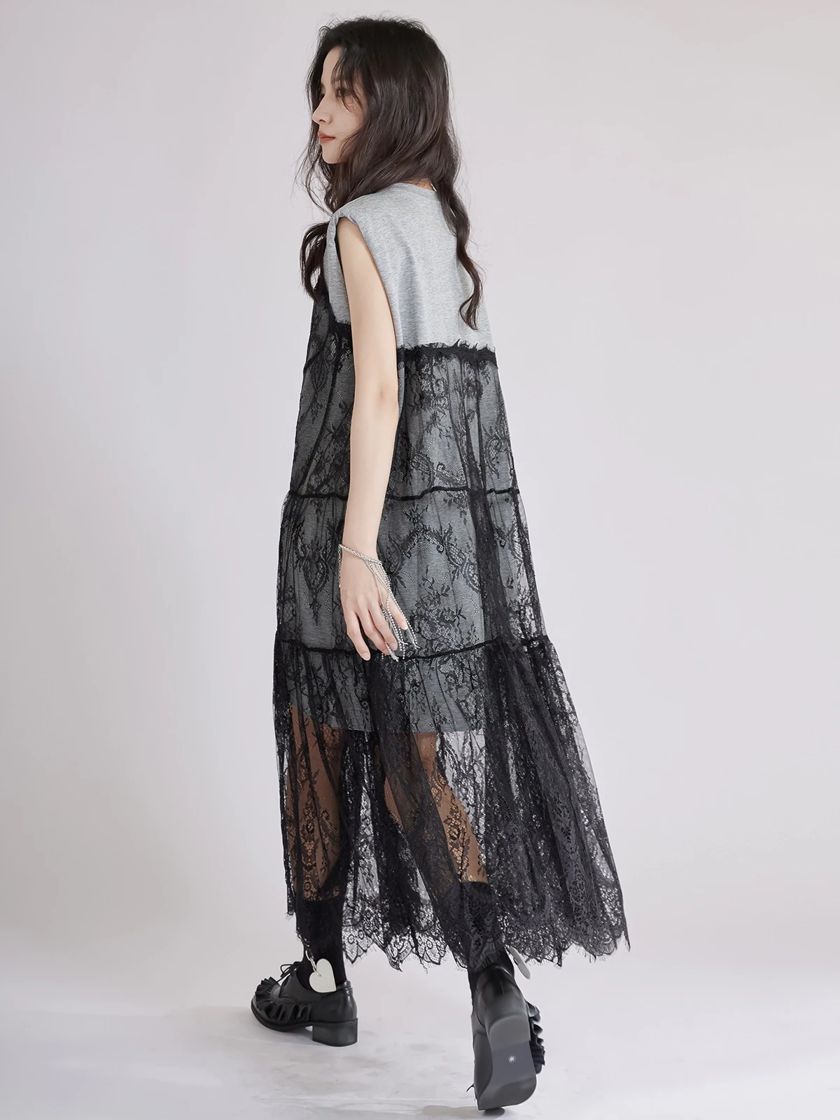 韓国Tシャツ袖なし2wayワンピースレース キャミワンピース 可愛いロングワンピース