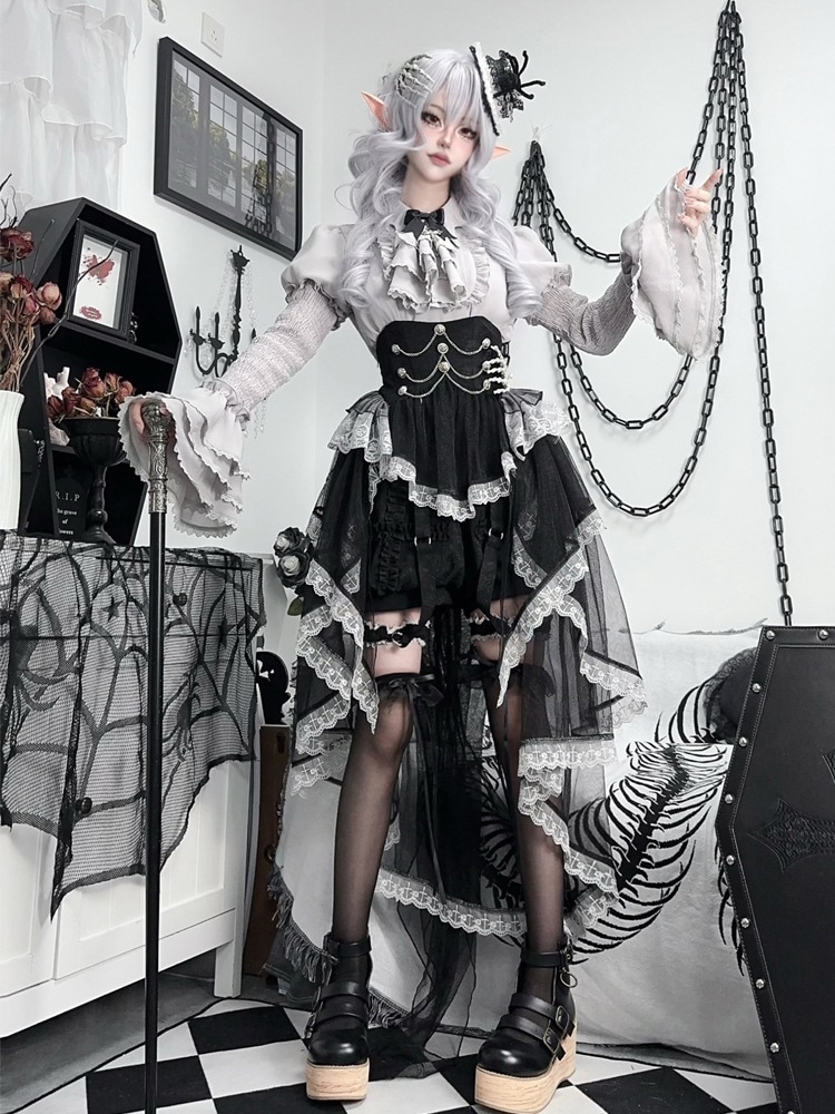 ハロウィン グレー 童話 ロリータ ダークガール スケルトン イレギュラー ドレス OP ゴシック スーツ ドレス