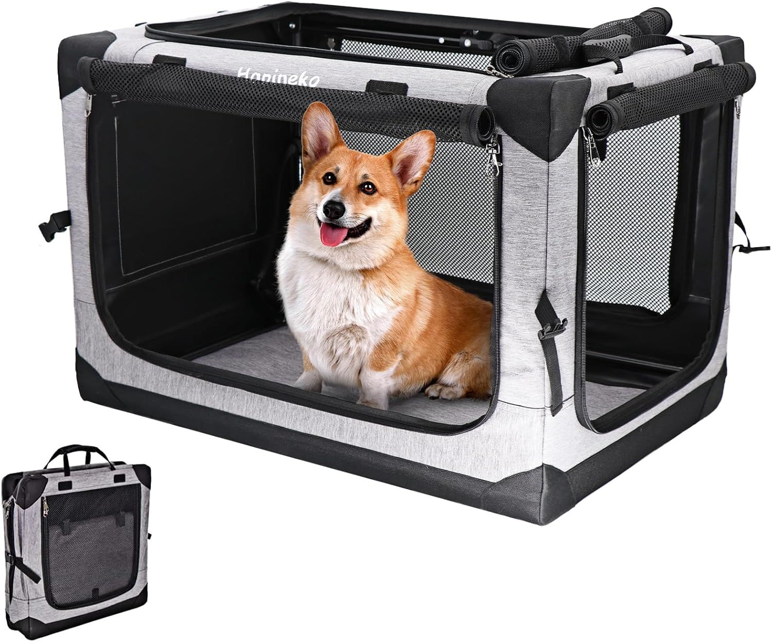 多用途 ペット ソフトクレート ソフトケージ ペットハウス カバー取り外せる 4面メッシュ出入口 折りたたみ式 ロック付きファスナー 鉄フレーム 600D防水オックスフォード 洗濯可能 猫犬兼用 (L