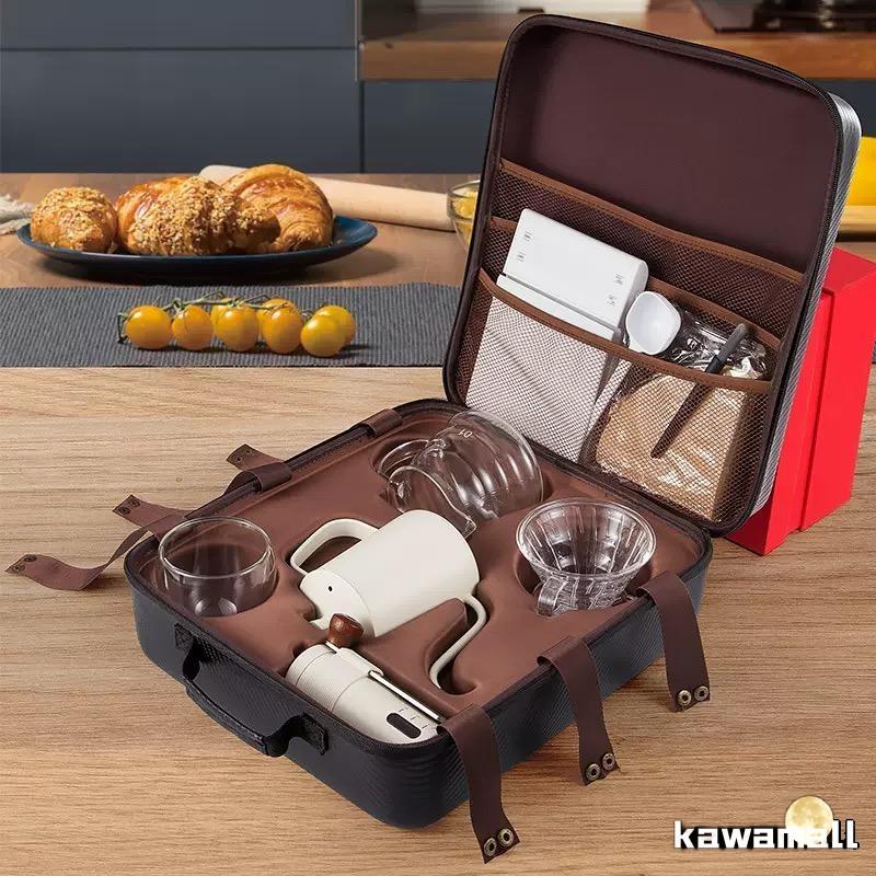 【新規発売】アウトドア 手挽き コーヒーミル ハンドドリップ コーヒーセット 8点セット 持ち運び シェアポット ギフトボックスセット コンパクト キャンプ 家庭用 収納