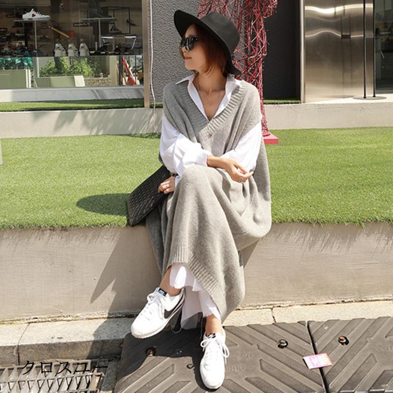 ジャンパースカート ニットワンピース ロング丈 Vネック ワンピース 春秋 冬 カジュアル シンプル マキシ丈 ミディアム丈 コーデ おしゃれ