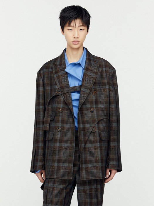 ADSB ANDERSSON BELL for MEN SOE CHECK WRAP DOUBLE BREASTED JACKET awa628m(BROWN) 韓国の人気ブランド
