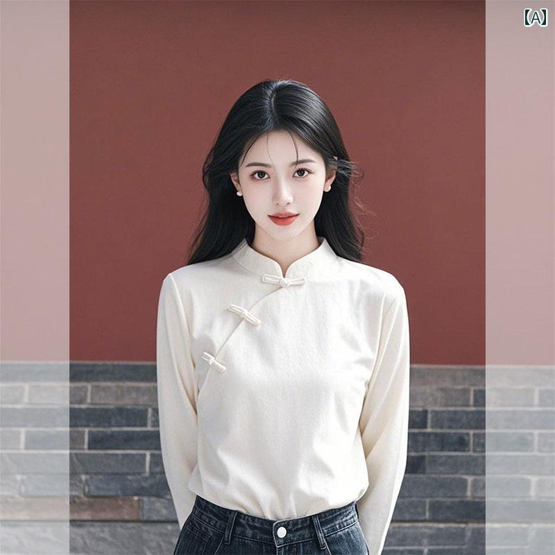 スタンドカラー シャツ レディース 長袖 おしゃれ 春秋 トップス 中国風 ボタン 装飾 女性用 無地 シンプル 上品 普段使い お出かけ レジャー 白