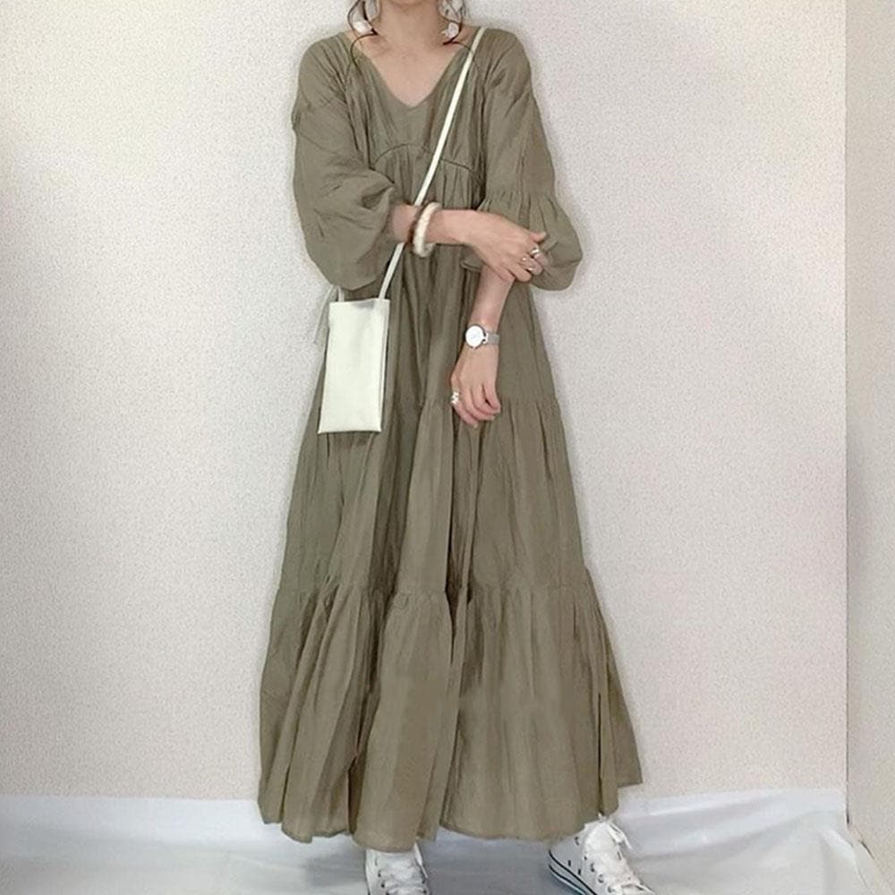 ワンピース フレアワンピース ティアードワンピース ロング ロング丈 マキシ マキシ丈 袖あり 長袖 Vネック フレア セミフレア Aライン 大人可愛い シンプル カジュアル 大人 上品