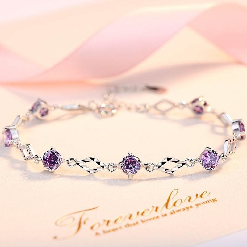 ブレスレット レディース ダイヤ ホワイト パープル 豪華6粒 プラチナコーティング シルバー925