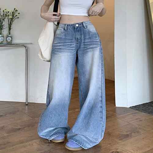 ジーンズ ゆったりシルエット ウォッシュデニム 美脚脚長ワイドパンツフルレングスジーパン 韓国ファッション着やせボトムス 体型カバーボトムス カジュアルジーンズ ストリートデニム夏