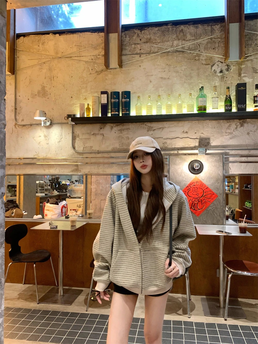 韓国風羽織りロング丈チャックレディースドロップショルダーフルサイドフーディールーズストレート系ファッションゆったりサイズシルエット袖トラック パーカー 2025秋冬トップスフード付き