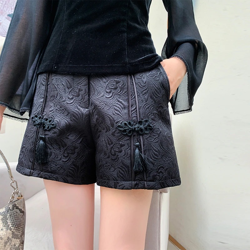 【快速出荷】チャイナ風ショートパンツ レディース ハイウエスト ボトムス 黒 チャイナ結びフリンジ 高見え