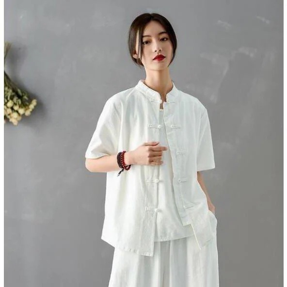 リネンシャツ レディース 唐装 中華シャツ　チャイナ風半袖シャツ 棉 麻 太極拳ウェア チャイナボタン ナチュラル 春夏 3色二枚