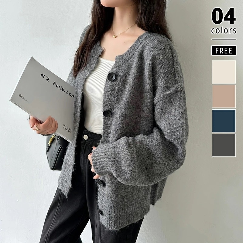 [迅速な配達][限時割!引!]カーディガン レディース ニット ドロップショルダー ゆったり クルーネック ニットカーディガン ボリューム袖 トップス 長袖 クルーネックカーディガン 大きめ ぽわん袖