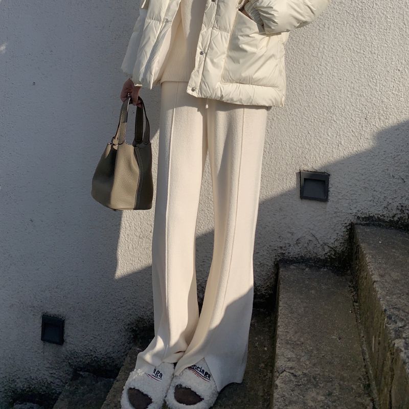 デニムボトムス2024秋冬 スリット ニットパンツ ワイドパンツ ハイウエスト ドレープ感 モップパンツ ストレート 保温 韓国ファッションスキニーデニムパンツスキニーデニムパンツ