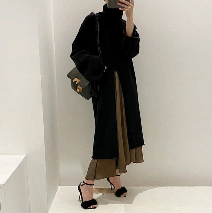 オーバーサイズ タートルネック ハイネック 長袖 センタースリット ロング丈 リブニット トップス レディース