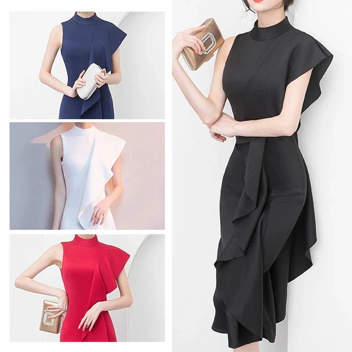 【急速出荷!】パーティードレス ワンピース アシンメトリー フリル ック black white ワイン レッド タイト ハイウェスト ノースリーブ セクシー パーティー 結婚式 二次会