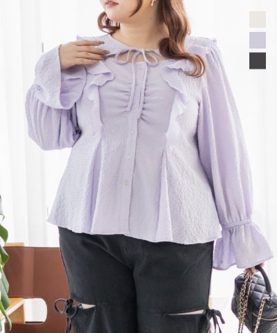 大きいサイズ レディース LL 3L 4L XL XXL XXXL CLETTEオリジナルデコルテリボンフリルブラウス 4,981円