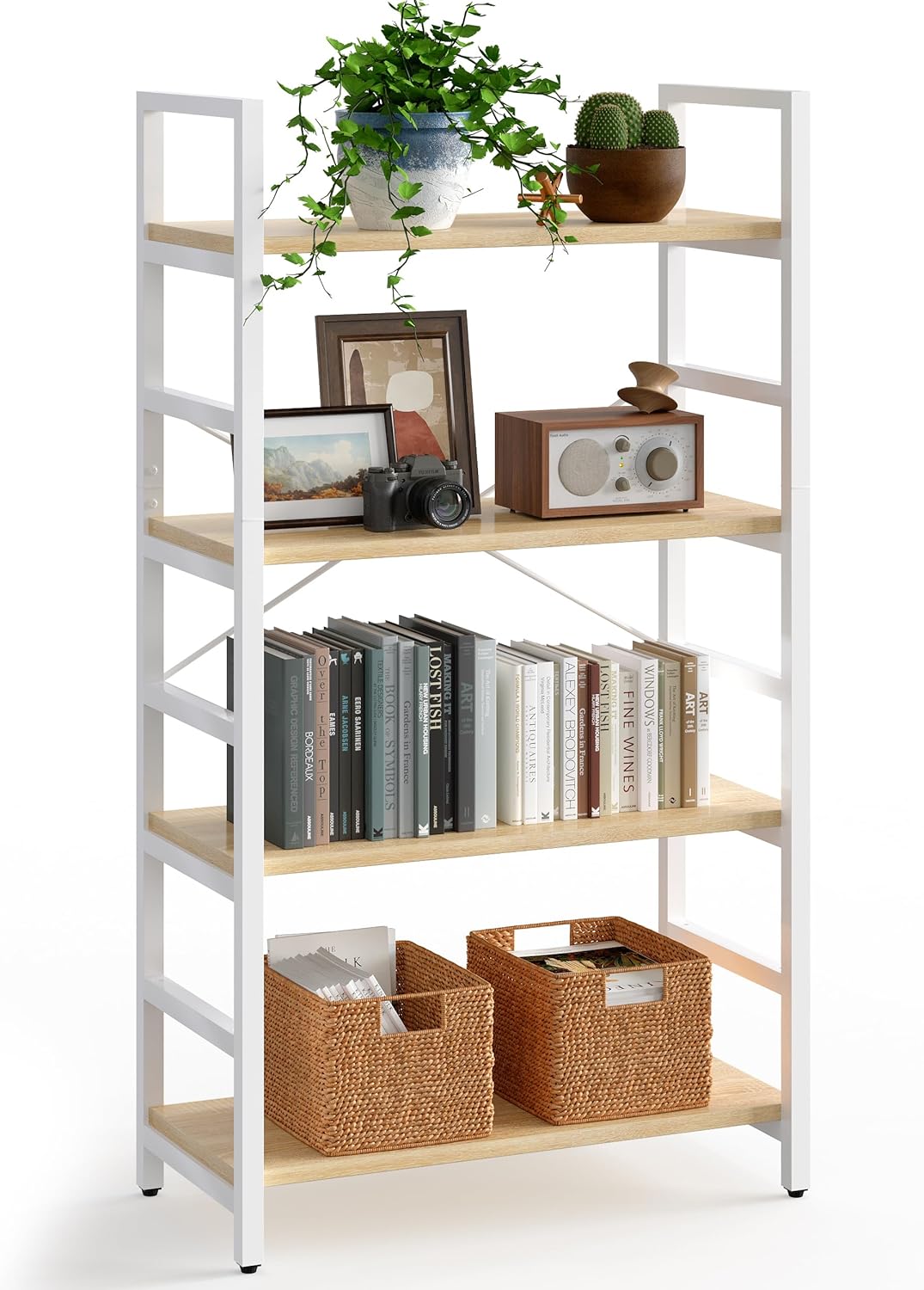 Bestier ラック オープンシェルフ 4段 幅60×奥行28×高さ122cm 本棚 スリム 収納ラック おしゃれ 隙間収納 オープンラック 木製 キッチン ディスプレラック 組立簡単 オーク