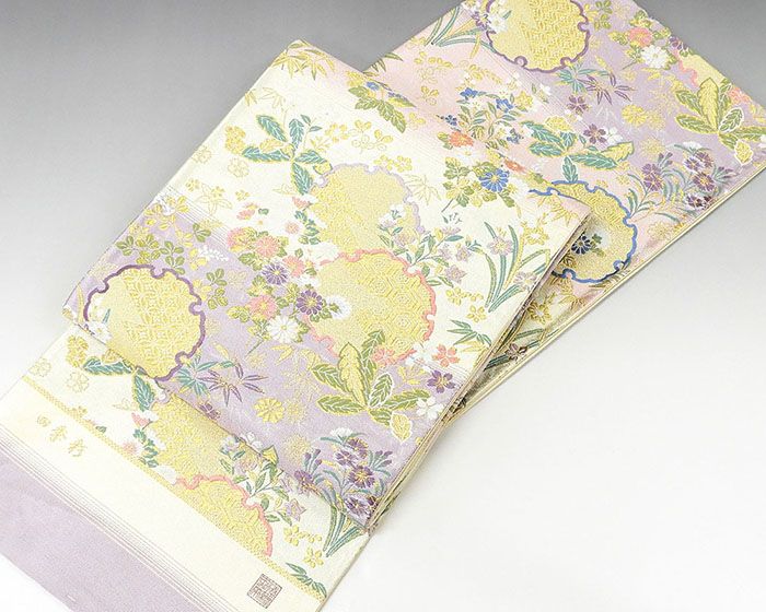 袋帯 新品 正絹 西陣 京洛苑たはら謹製 雪輪吉祥四季花模様 袋帯 未仕立 g1439