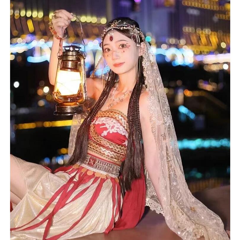 中華風アラビアン漢服 レディース敦煌飛天漢唐衣装ベリーダンス衣装 ラテン フリンジ ベール スカート豪華古典宮廷舞踊衣裳 演目ダンス衣裳 アジア ベリー