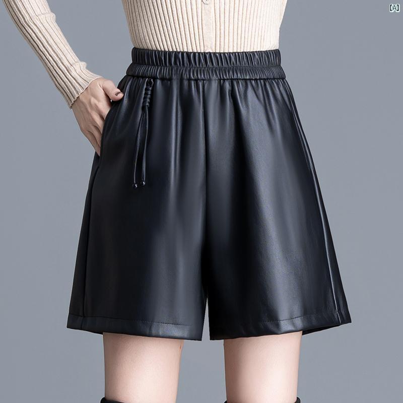 耐久性 ウエスト スリム ファッション PU レザーショーツ 秋冬 シンプル ハイウエスト ワイド レッグ パンツ カジュアル ブーツ