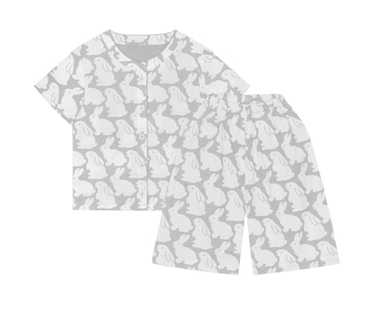 【韓国子供服】グレーバニー キッズパジャマ 上下セット 半袖 七分丈 コットン100％ 90-100 ルームウェア 春夏秋