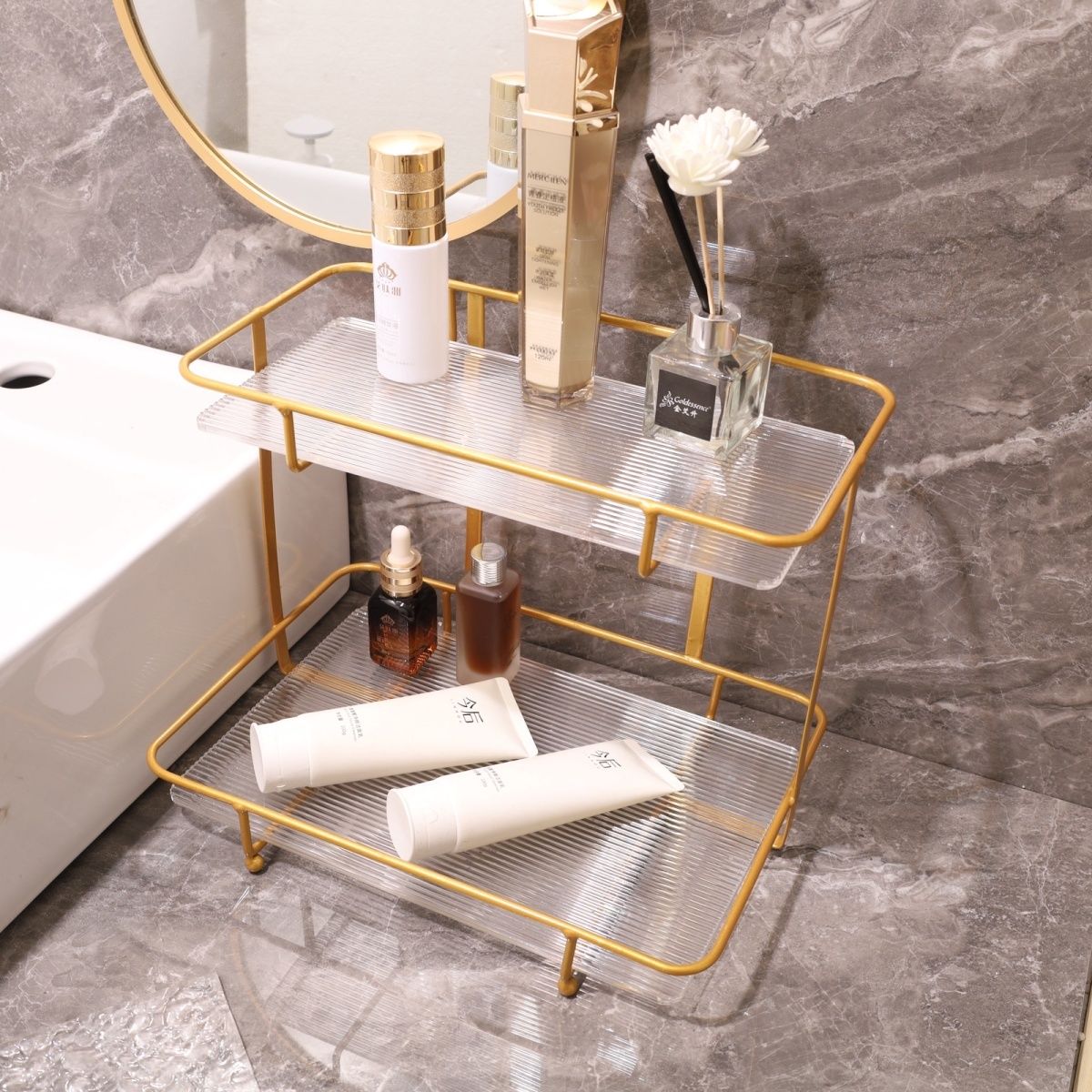 お風呂 洗面台 ゴールド 軽い アク 収納ラック ファッション デスク 二重 化粧品 収納ボックス(ガラス瓶)
