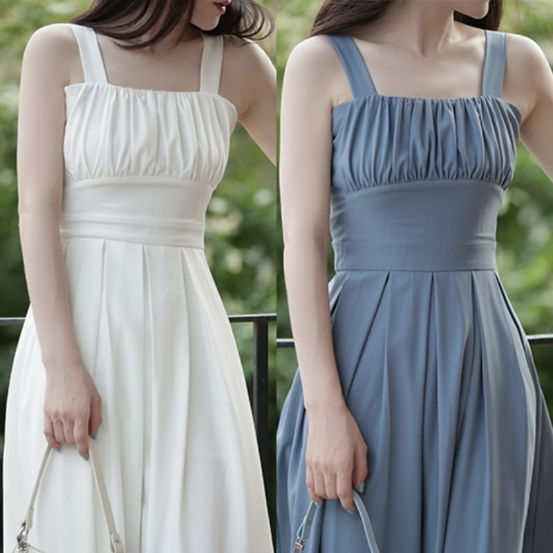 ワンピース レディース 送料無料 2色展開 フレアワンピース フレア ロング丈 ロングワンピース ミモレ丈 ミモレワンピース ホワイト ブルー スクエアネック ノースリーブ ハイウエスト ウエストマー