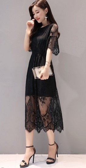 1854.花柄シースルーレースドレスワンピース（ブラック）2019 春夏 sale 春夏 sale 半袖 フレア クールネック ビーチ リゾート お呼ばれ パーティー 結婚式 披露宴 二次会 女子会