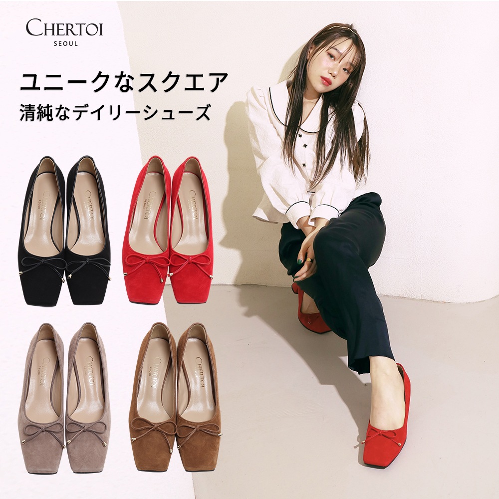 Square Toe Pumps レトロ 歩きやすい愛らしいリボンパンプス