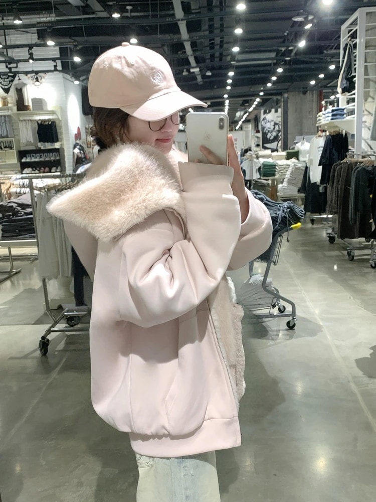 2025 秋冬 韓国っぽ 暖かい 厚手 アウター防寒 裹起毛トレンド かわいい羽織りレディース ブルゾンフード付きショート長袖トップスカジュアルファッション系フル丈フェイクカラーコーデ